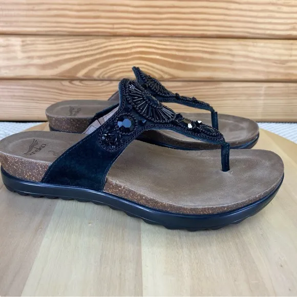 Dansko Womens Slide Sandals Pamela 38 EUR Black Leather Beaded Thong Summer Shoe