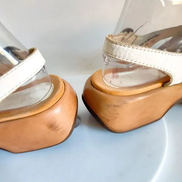 Dansko Lolita Sandals Slingback White Leather Chunky Wedge Y2K Womens 38 7.5 - 8
