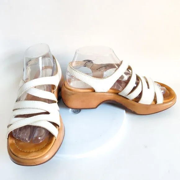 Dansko Lolita Sandals Slingback White Leather Chunky Wedge Y2K Womens 38 7.5 - 8