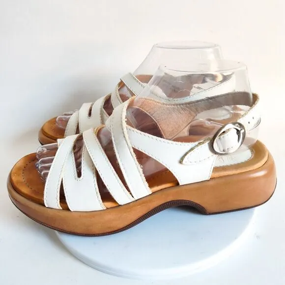 Dansko Lolita Sandals Slingback White Leather Chunky Wedge Y2K Womens 38 7.5 - 8