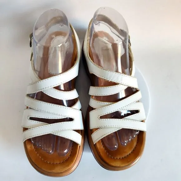 Dansko Lolita Sandals Slingback White Leather Chunky Wedge Y2K Womens 38 7.5 - 8