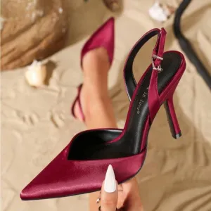Dark red / wine burgundy satin slingback heel pumps