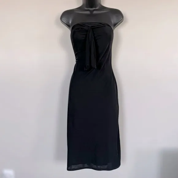 David Meister Black Tube Top Midi A-Line Dress with Tie Detail at Chest - 14