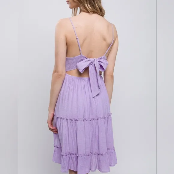 🌷DEAL🌷LOVE TREE Lavender Crochet Open Back Bow Tie Lace Waist Band Dress sz L
