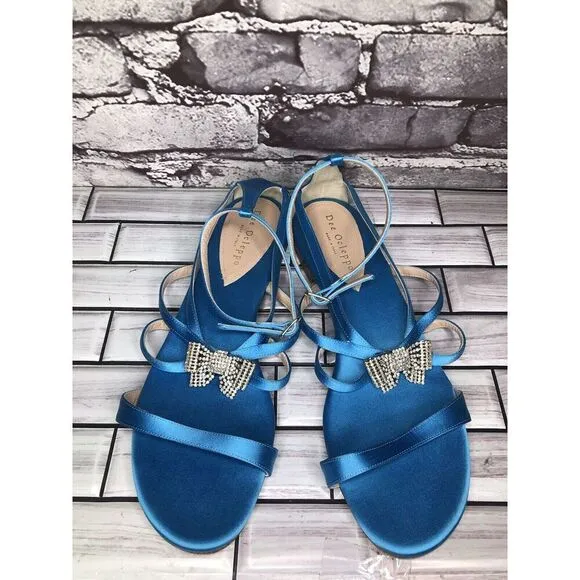 Dee Ocleppo Turquoise Blue Satin Rhinestone Bow AnkleStrap Flat Sandals Women 40