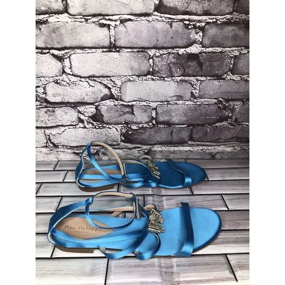 Dee Ocleppo Turquoise Blue Satin Rhinestone Bow AnkleStrap Flat Sandals Women 40