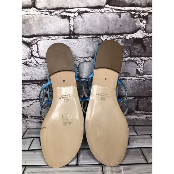 Dee Ocleppo Turquoise Blue Satin Rhinestone Bow AnkleStrap Flat Sandals Women 40