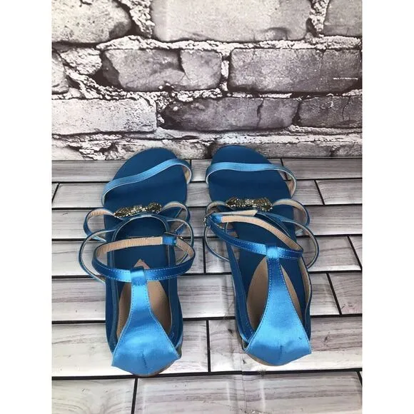 Dee Ocleppo Turquoise Blue Satin Rhinestone Bow AnkleStrap Flat Sandals Women 40