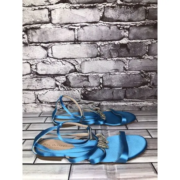 Dee Ocleppo Turquoise Blue Satin Rhinestone Bow AnkleStrap Flat Sandals Women 40