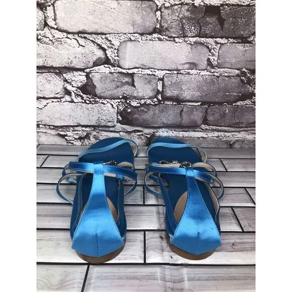 Dee Ocleppo Turquoise Blue Satin Rhinestone Bow AnkleStrap Flat Sandals Women 40