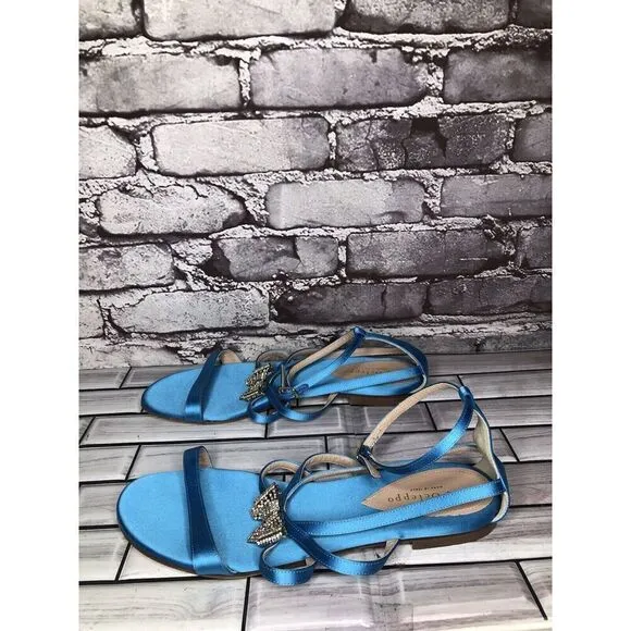 Dee Ocleppo Turquoise Blue Satin Rhinestone Bow AnkleStrap Flat Sandals Women 40