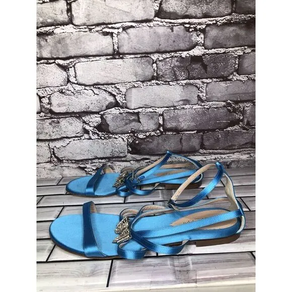 Dee Ocleppo Turquoise Blue Satin Rhinestone Bow AnkleStrap Flat Sandals Women 40