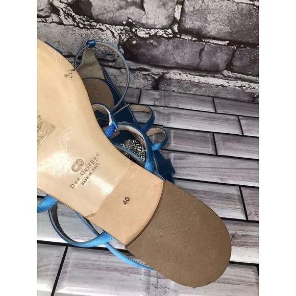 Dee Ocleppo Turquoise Blue Satin Rhinestone Bow AnkleStrap Flat Sandals Women 40