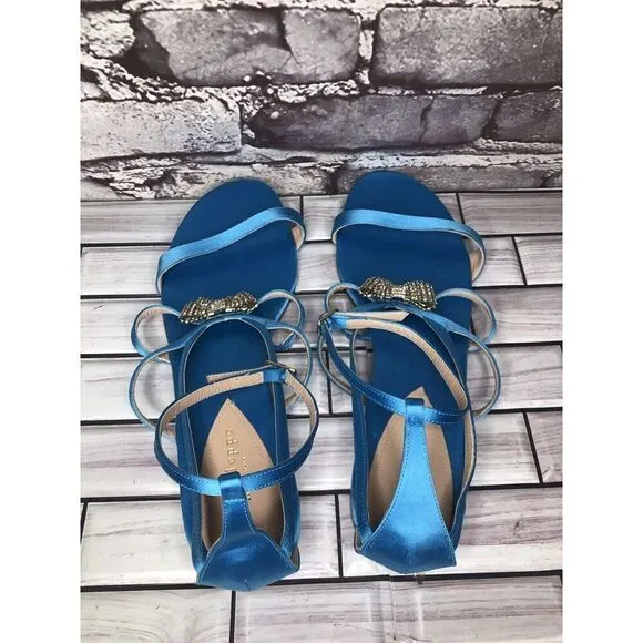 Dee Ocleppo Turquoise Blue Satin Rhinestone Bow AnkleStrap Flat Sandals Women 40