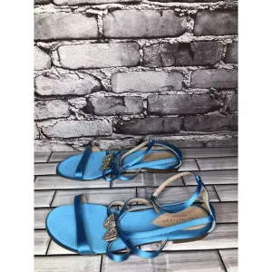 Dee Ocleppo Turquoise Blue Satin Rhinestone Bow AnkleStrap Flat Sandals Women 40