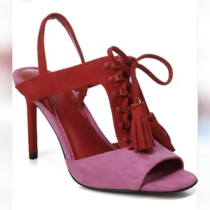 DIANE VON FURSTENBERG | Arabella Sandals Heels Tassels Pink Red Suede Sz 37