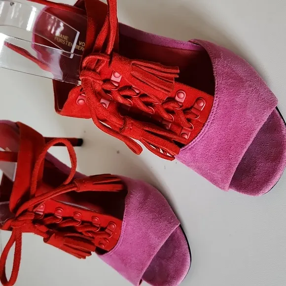 DIANE VON FURSTENBERG | Arabella Sandals Heels Tassels Pink Red Suede Sz 37