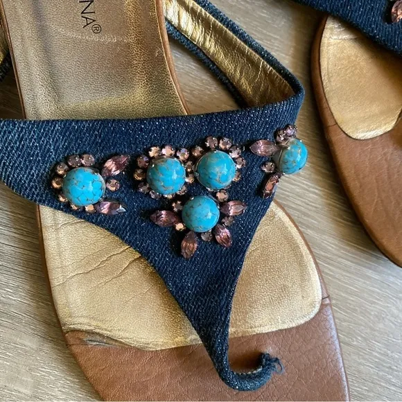 Dolce &amp; Gabbana Leather &amp; Denim Jewel Encrusted sandals. size 39 1/2