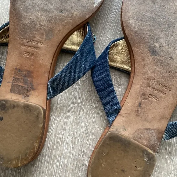 Dolce &amp; Gabbana Leather &amp; Denim Jewel Encrusted sandals. size 39 1/2
