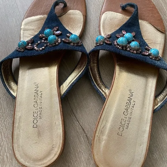Dolce &amp; Gabbana Leather &amp; Denim Jewel Encrusted sandals. size 39 1/2