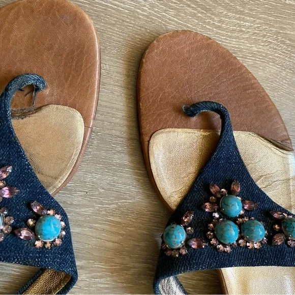 Dolce &amp; Gabbana Leather &amp; Denim Jewel Encrusted sandals. size 39 1/2