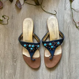 Dolce &amp; Gabbana Leather &amp; Denim Jewel Encrusted sandals. size 39 1/2