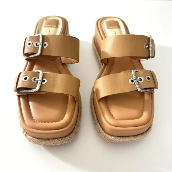 Dolce Vita Canyon Tan Leather Silver Buckle Platform Slide Sandals Size 9.5
