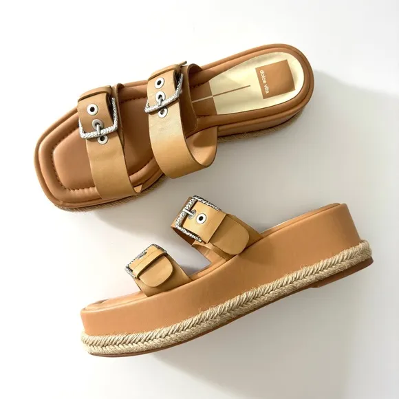 Dolce Vita Canyon Tan Leather Silver Buckle Platform Slide Sandals Size 9.5