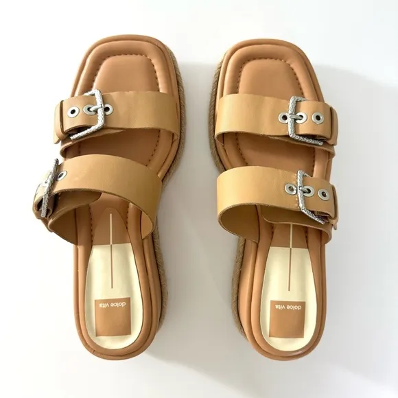 Dolce Vita Canyon Tan Leather Silver Buckle Platform Slide Sandals Size 9.5