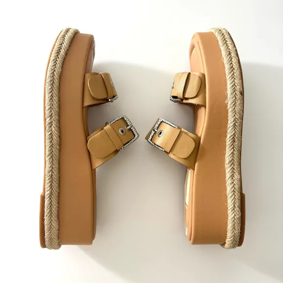 Dolce Vita Canyon Tan Leather Silver Buckle Platform Slide Sandals Size 9.5