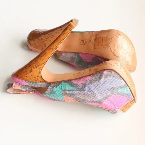 Dolce Vita Snakeskin &amp; Cork Leather Sling-back Peep Toe Platform Heels, Sandals