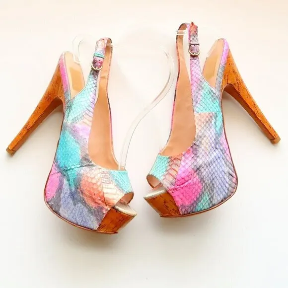 Dolce Vita Snakeskin &amp; Cork Leather Sling-back Peep Toe Platform Heels, Sandals