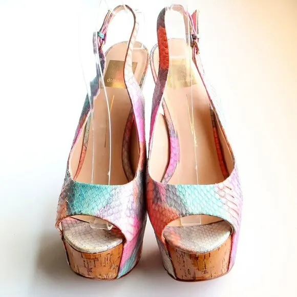 Dolce Vita Snakeskin &amp; Cork Leather Sling-back Peep Toe Platform Heels, Sandals