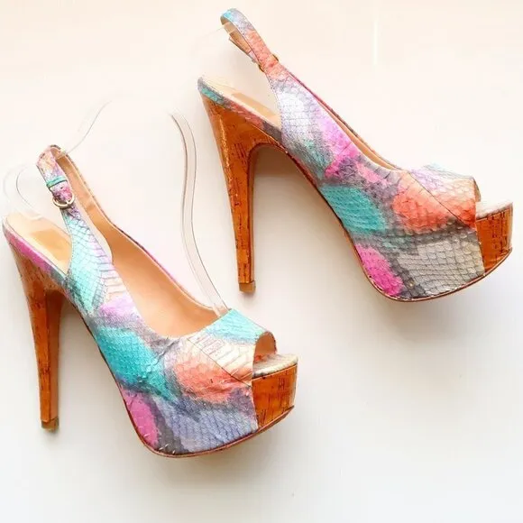 Dolce Vita Snakeskin &amp; Cork Leather Sling-back Peep Toe Platform Heels, Sandals