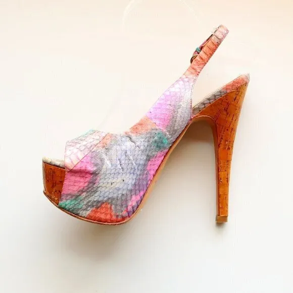 Dolce Vita Snakeskin &amp; Cork Leather Sling-back Peep Toe Platform Heels, Sandals