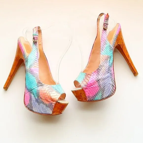 Dolce Vita Snakeskin &amp; Cork Leather Sling-back Peep Toe Platform Heels, Sandals