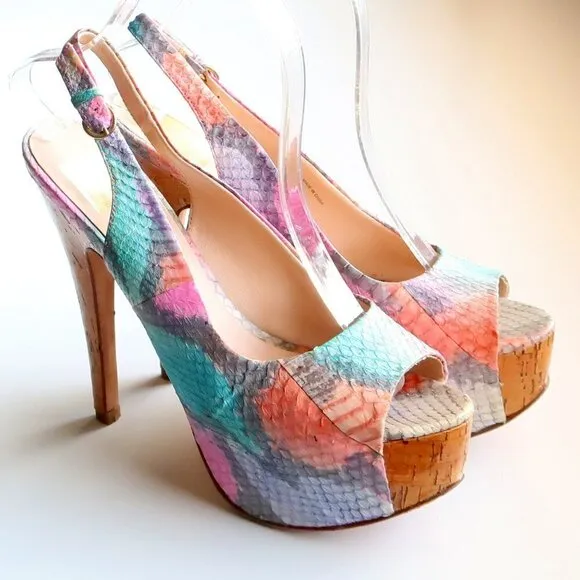 Dolce Vita Snakeskin &amp; Cork Leather Sling-back Peep Toe Platform Heels, Sandals