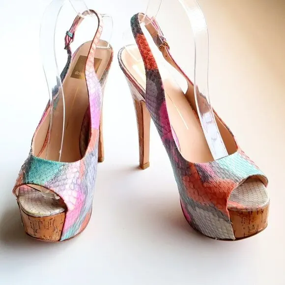 Dolce Vita Snakeskin &amp; Cork Leather Sling-back Peep Toe Platform Heels, Sandals