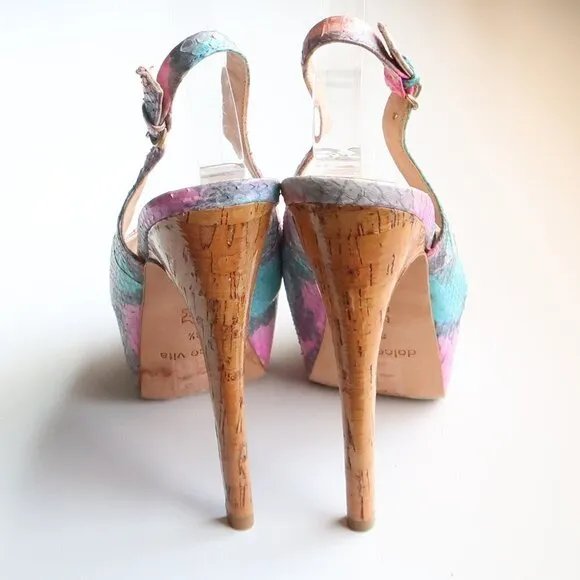 Dolce Vita Snakeskin &amp; Cork Leather Sling-back Peep Toe Platform Heels, Sandals