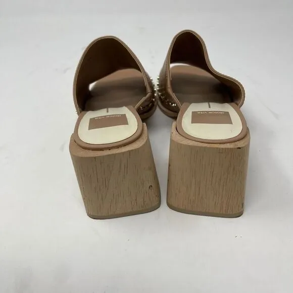 Dolce Vita Women's Leather Studded Open Toe Slide Block Heel Brown Sandals Sz 6.