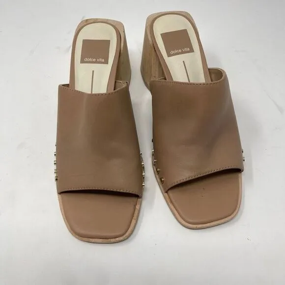 Dolce Vita Women's Leather Studded Open Toe Slide Block Heel Brown Sandals Sz 6.