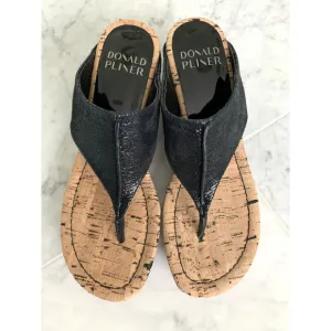 DONALD J PLINER HP Goody Cork Wedge Sandal 8 Black Leather NWOB *RUNS Narrow