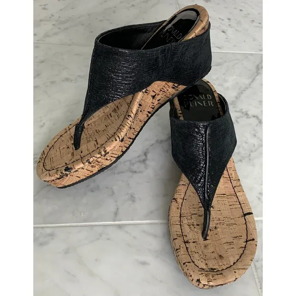 DONALD J PLINER HP Goody Cork Wedge Sandal 8 Black Leather NWOB *RUNS Narrow