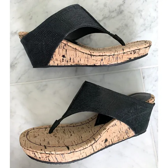 DONALD J PLINER HP Goody Cork Wedge Sandal 8 Black Leather NWOB *RUNS Narrow