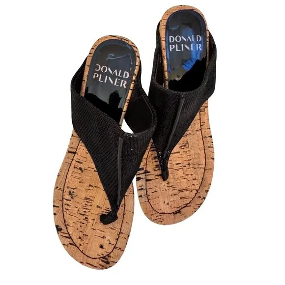 Donald Pliner Wedge Sandal Size 7 Leather Upper Cork Black NWOB