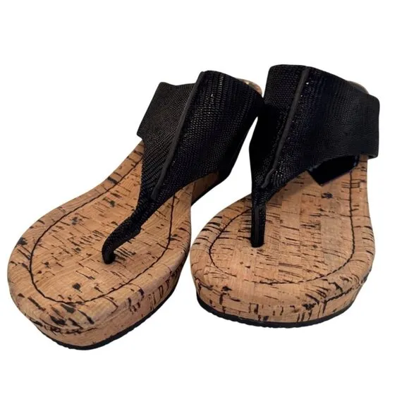 Donald Pliner Wedge Sandal Size 7 Leather Upper Cork Black NWOB