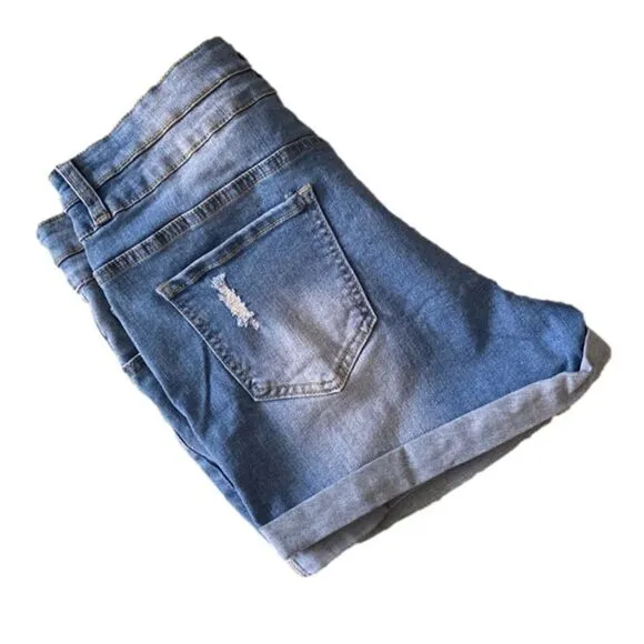 Double Button Distressed Denim Shorts High-Waisted XL NWT