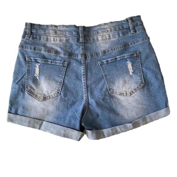 Double Button Distressed Denim Shorts High-Waisted XL NWT