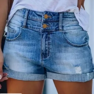 Double Button Distressed Denim Shorts High-Waisted XL NWT