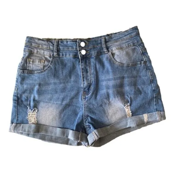 Double Button Distressed Denim Shorts High-Waisted XL NWT